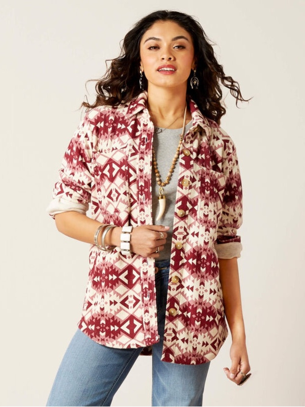 Ariat Women’s Fillmore Maroon and Cream Button-Up Shirt Jacket NEW Medium
